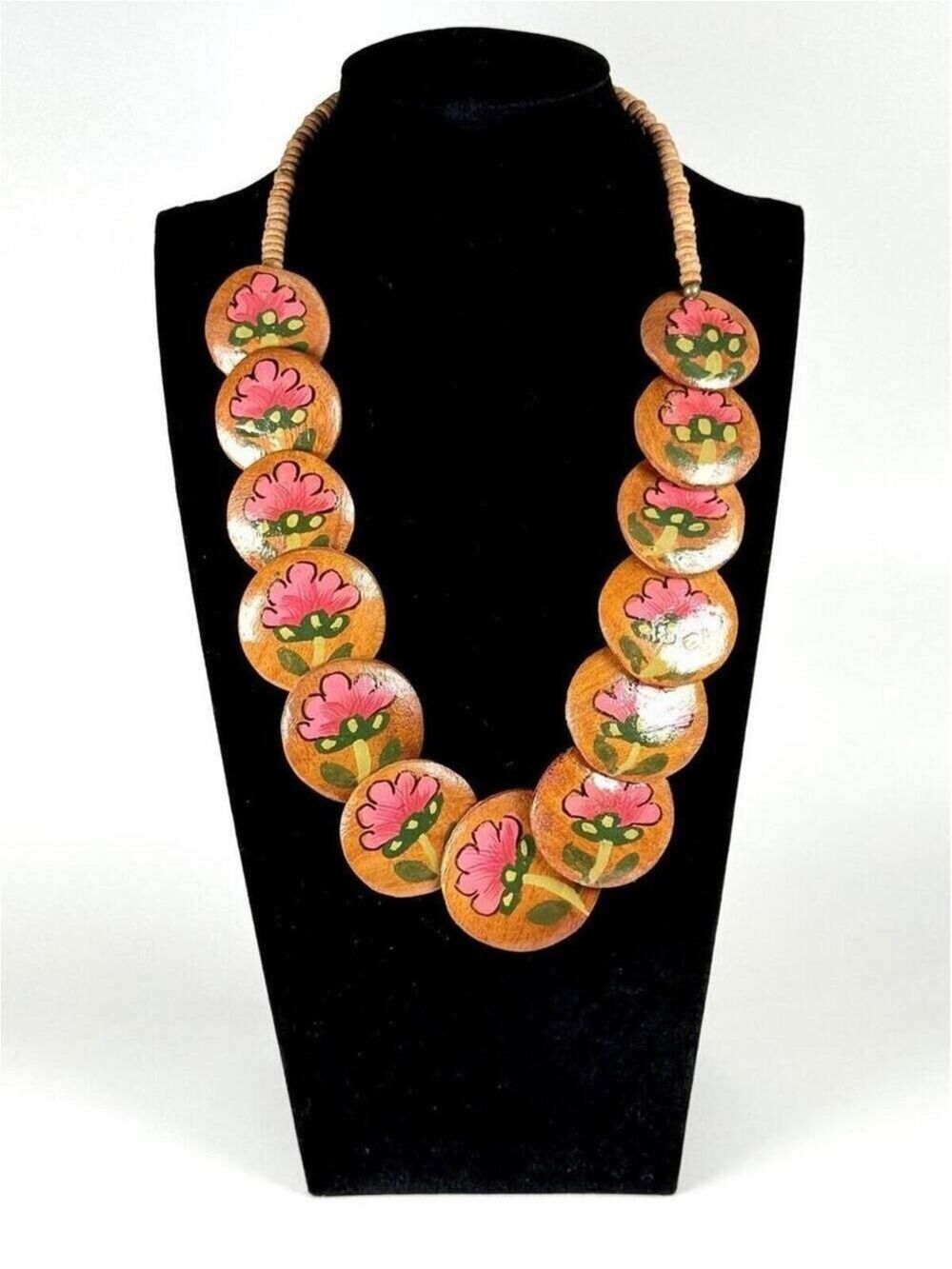 Vintage Hand-Painted Wood Disc Pink Floral Necklace Folk Art Boho Statement